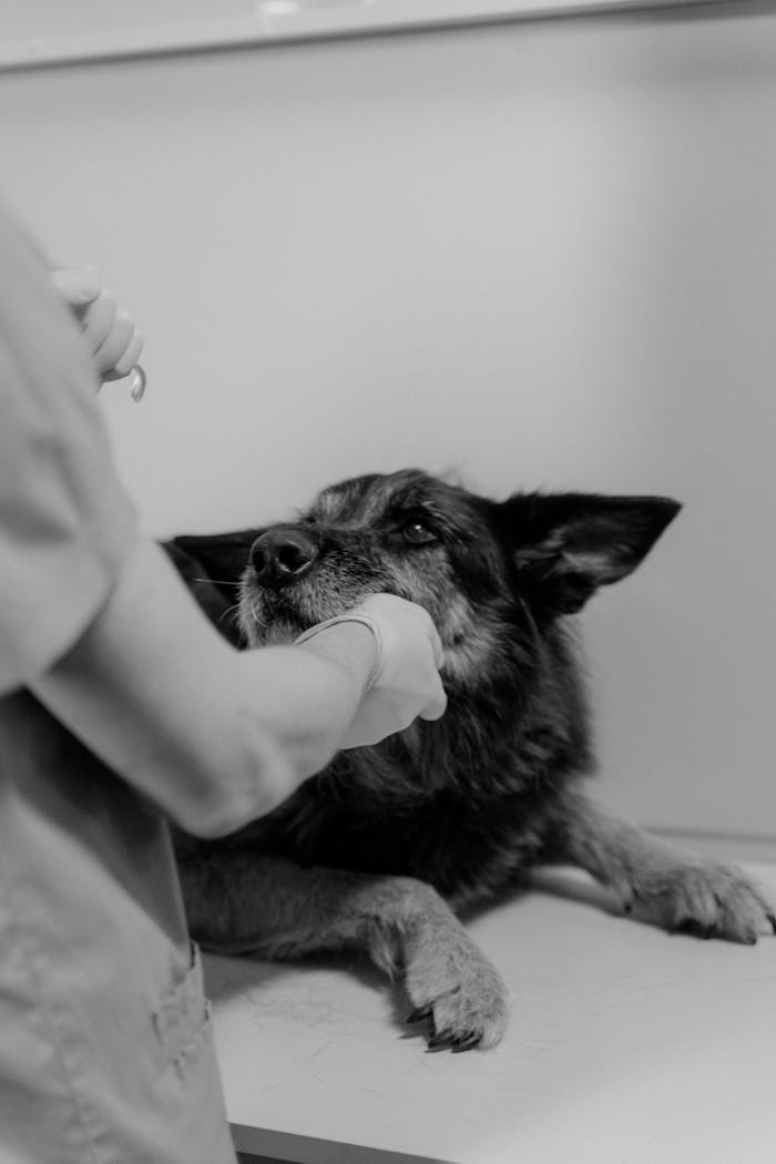project-01-d Veterinarian caring for a German Shepherd during a check-up at a clinic.